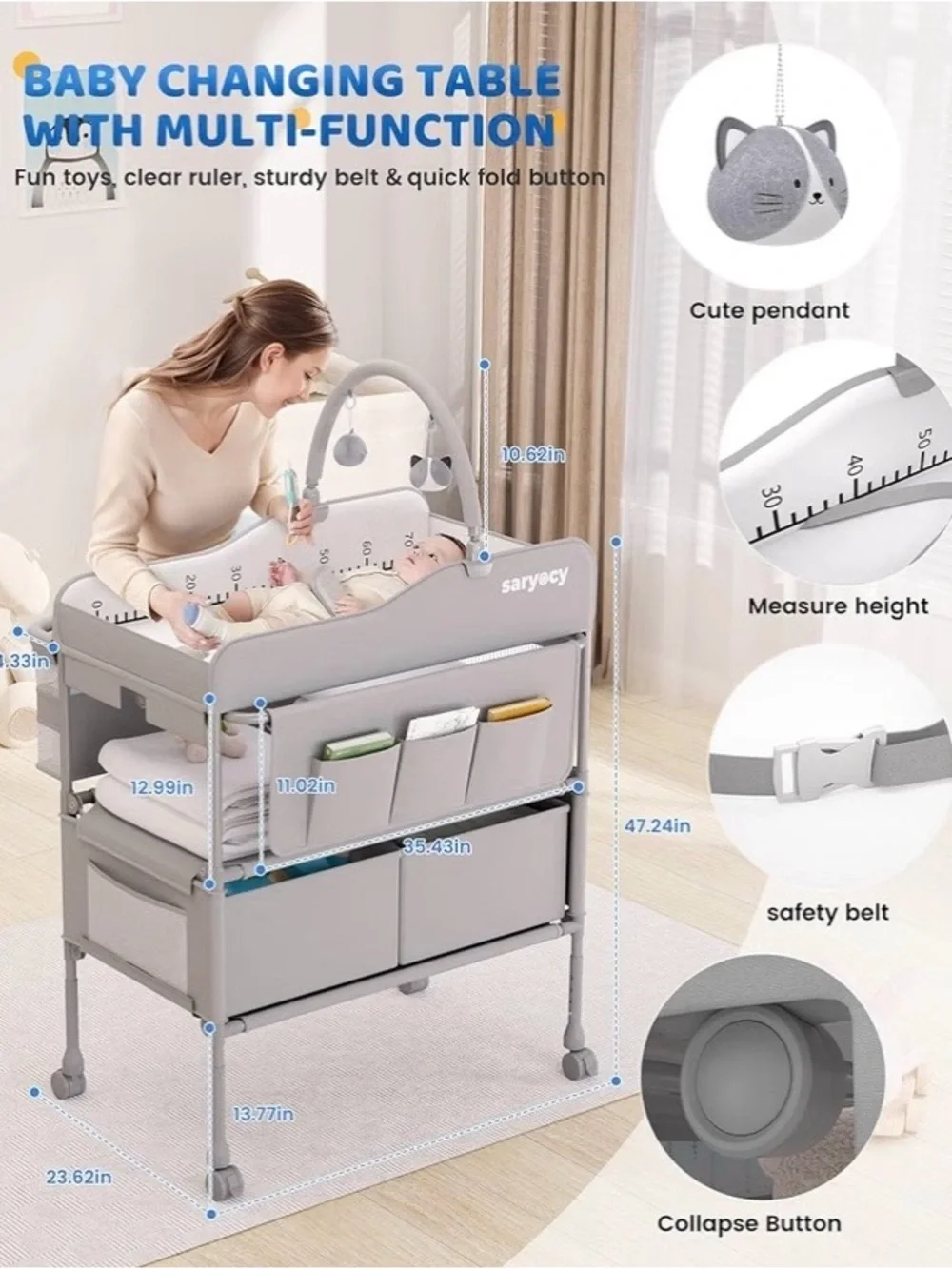 Saryocy Gray Baby Changing Station with Toy Arch and Storage